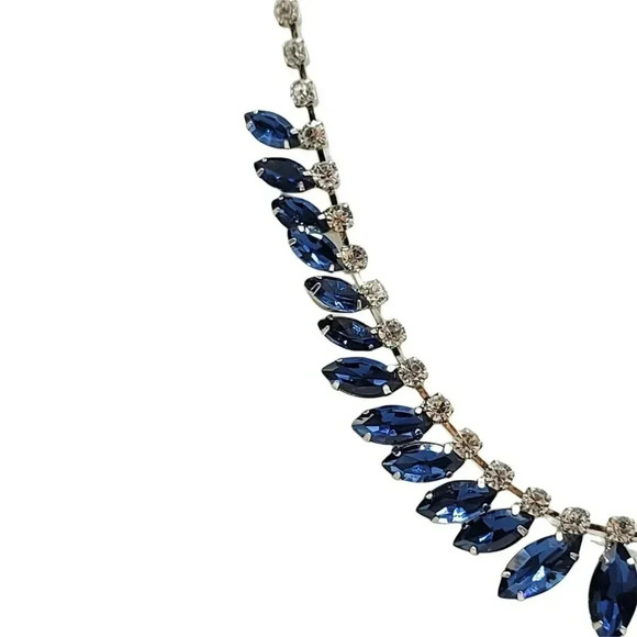 Clear Blue Glass Rhinestone Retro Style Silver Tone Choker Necklace BLING - Picture 3 of 6